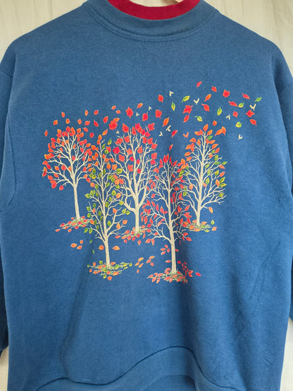 🤎 Where the Leaves Turn - vintage blue crewneck sweater with autumn landscape - size S