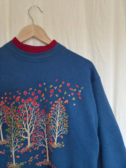 🤎 Where the Leaves Turn - vintage blue crewneck sweater with autumn landscape - size S