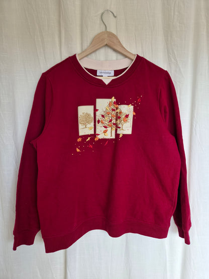 🏡 The Autumn Picture Book - burgundy red vintage crewneck sweater with embroidered autumn details (Perfectly Imperfect) - size L