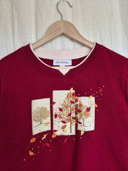 🏡 The Autumn Picture Book - burgundy red vintage crewneck sweater with embroidered autumn details (Perfectly Imperfect) - size L