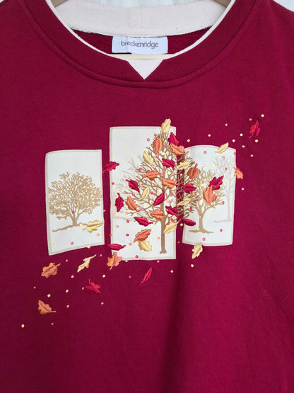 🏡 The Autumn Picture Book - burgundy red vintage crewneck sweater with embroidered autumn details (Perfectly Imperfect) - size L