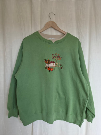 🍎 A Basket Full of Autumn - green vintage crewneck sweater with embroidered autumn details - size XL/XXL