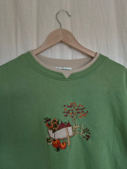 🍎 A Basket Full of Autumn - green vintage crewneck sweater with embroidered autumn details - size XL/XXL
