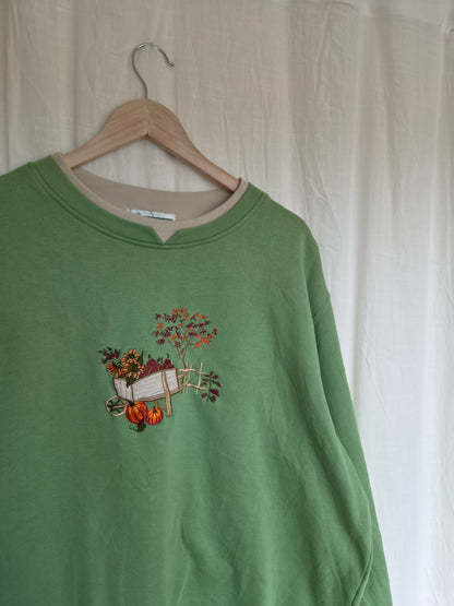🍎 A Basket Full of Autumn - green vintage crewneck sweater with embroidered autumn details - size XL/XXL