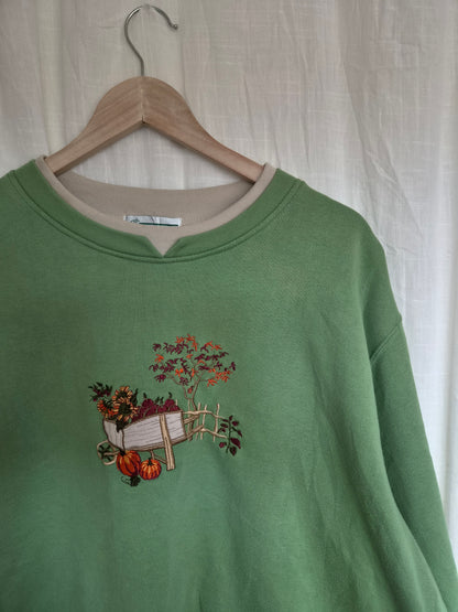 🍎 A Basket Full of Autumn - green vintage crewneck sweater with embroidered autumn details - size XL/XXL