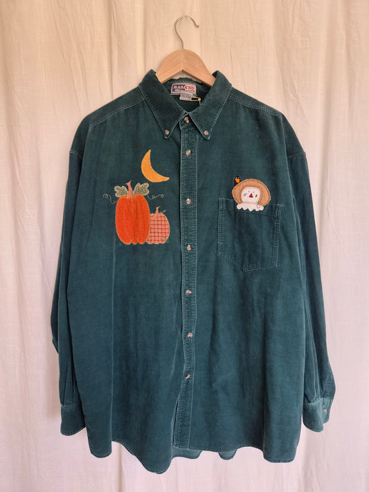 🪶 The Scarecrow's Garden - vintage dark green corduroy shirt with patchwork autumn details - size XL/XXL/XXXL
