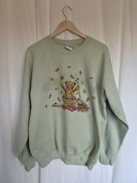 🐻 The Little Bear's Autumn Day - vintage mint green crewneck sweater with bear in autumn leaves (Perfectly Imperfect) - size L