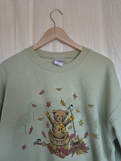 🐻 The Little Bear's Autumn Day - vintage mint green crewneck sweater with bear in autumn leaves (Perfectly Imperfect) - size L