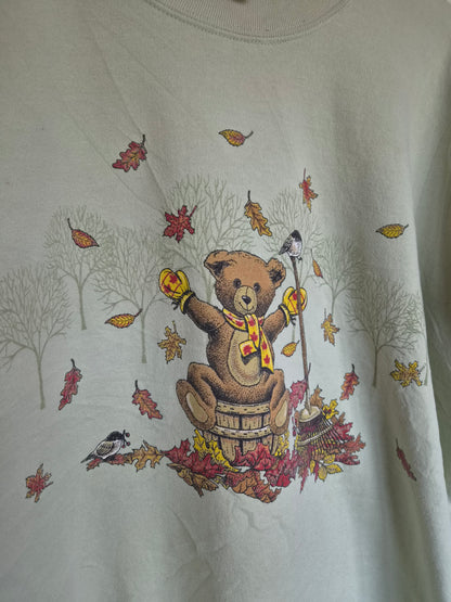 🐻 The Little Bear's Autumn Day - vintage mint green crewneck sweater with bear in autumn leaves (Perfectly Imperfect) - size L