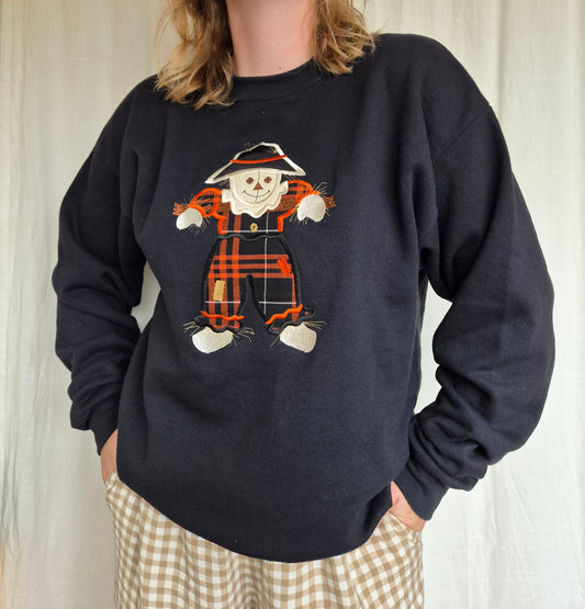 🌙 The Keeper of Halloween Fields - vintage black crewneck sweater with patchwork scarecrow - size L
