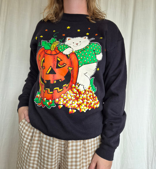 👻 Trick or Treat, Whiskers! - vintage crewneck sweater with printed cat and jack-o'-lantern - size M/L