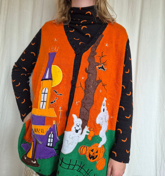 🏚️ Ghosts at the Pumpkin House - vintage spencer with embroidered and patchwork Halloween details (Perfecly Imperfect) - size XXL