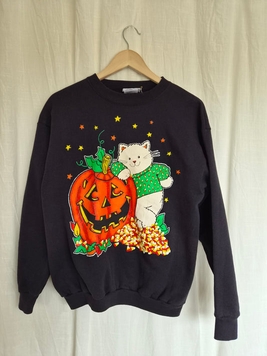 👻 Trick or Treat, Whiskers! - vintage crewneck sweater with printed cat and jack-o'-lantern - size M/L