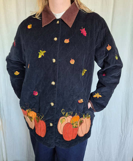 🧡 A Walk Through October - vintage corduroy coat with patchwork/embroidered pumpkins and autumn details - size L