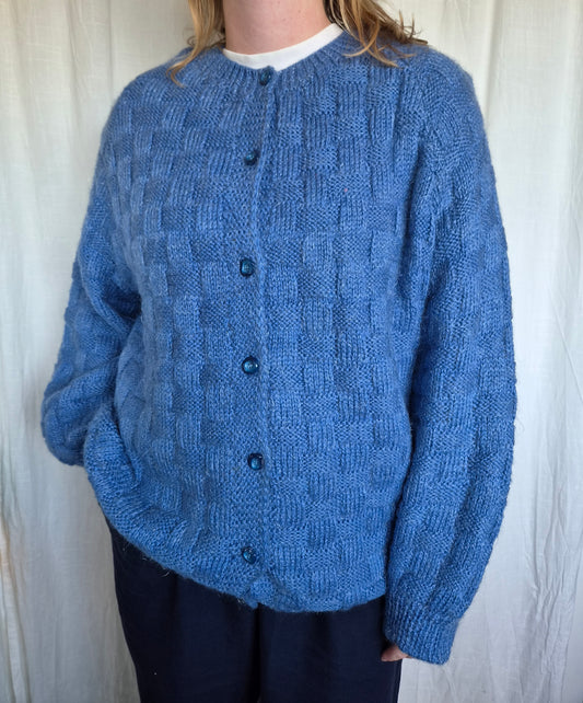 🌌 Knitted Beneath a Starry Sky - vintage blue handknitted cardigan with glitter thread - size XL