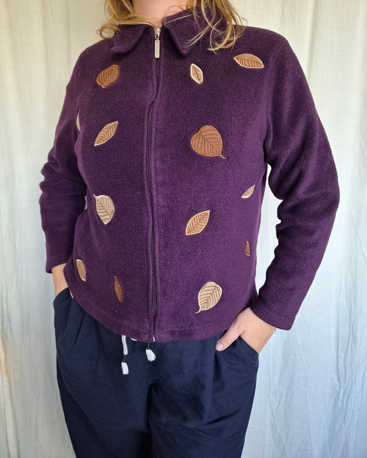 🌙 The Midnight Forager - vintage purple fleece cardigan with embroidered leaves - size M