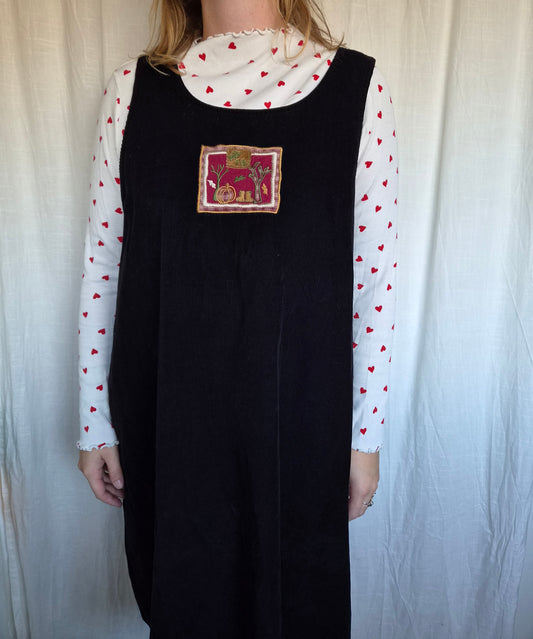 🍄 Woodland Witch - vintage black corduroy long dress with autumn details - size L/XL