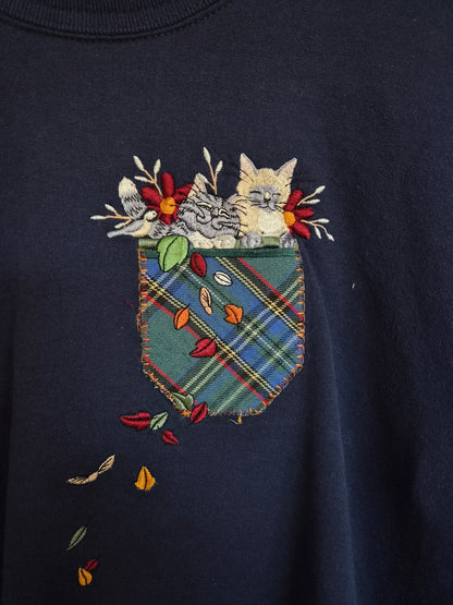 🍂 A Pocketful of Autumn Magic - vintage navy crewneck sweater with embroidered cats and autumn leaves - size L