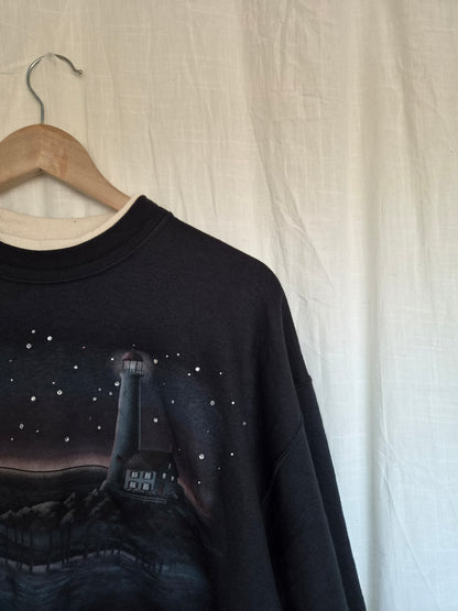 🕯️ Where the Moon Meets the Sea - vintage crewneck sweater with lighthouse and seascape - size L