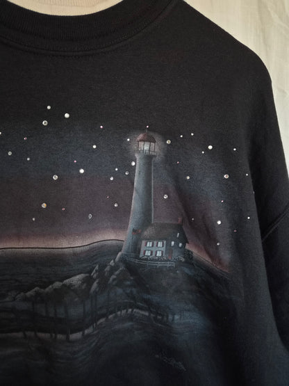🕯️ Where the Moon Meets the Sea - vintage crewneck sweater with lighthouse and seascape - size L