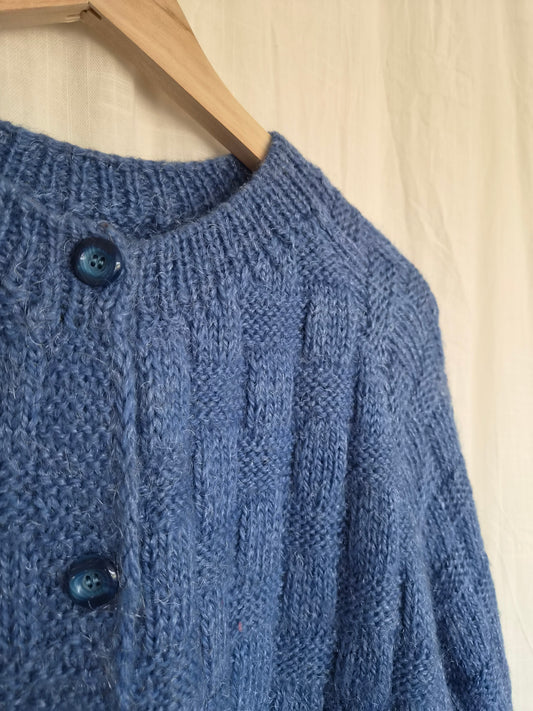 🌌 Knitted Beneath a Starry Sky - vintage blue handknitted cardigan with glitter thread - size XL