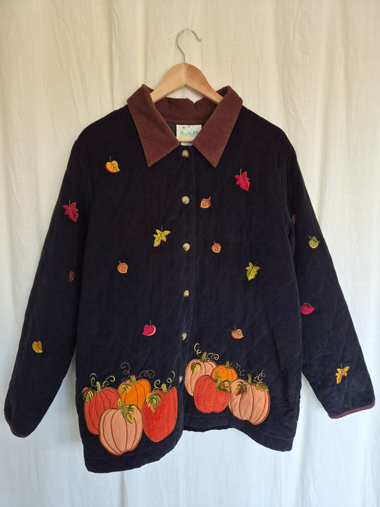 🧡 A Walk Through October - vintage corduroy coat with patchwork/embroidered pumpkins and autumn details - size L