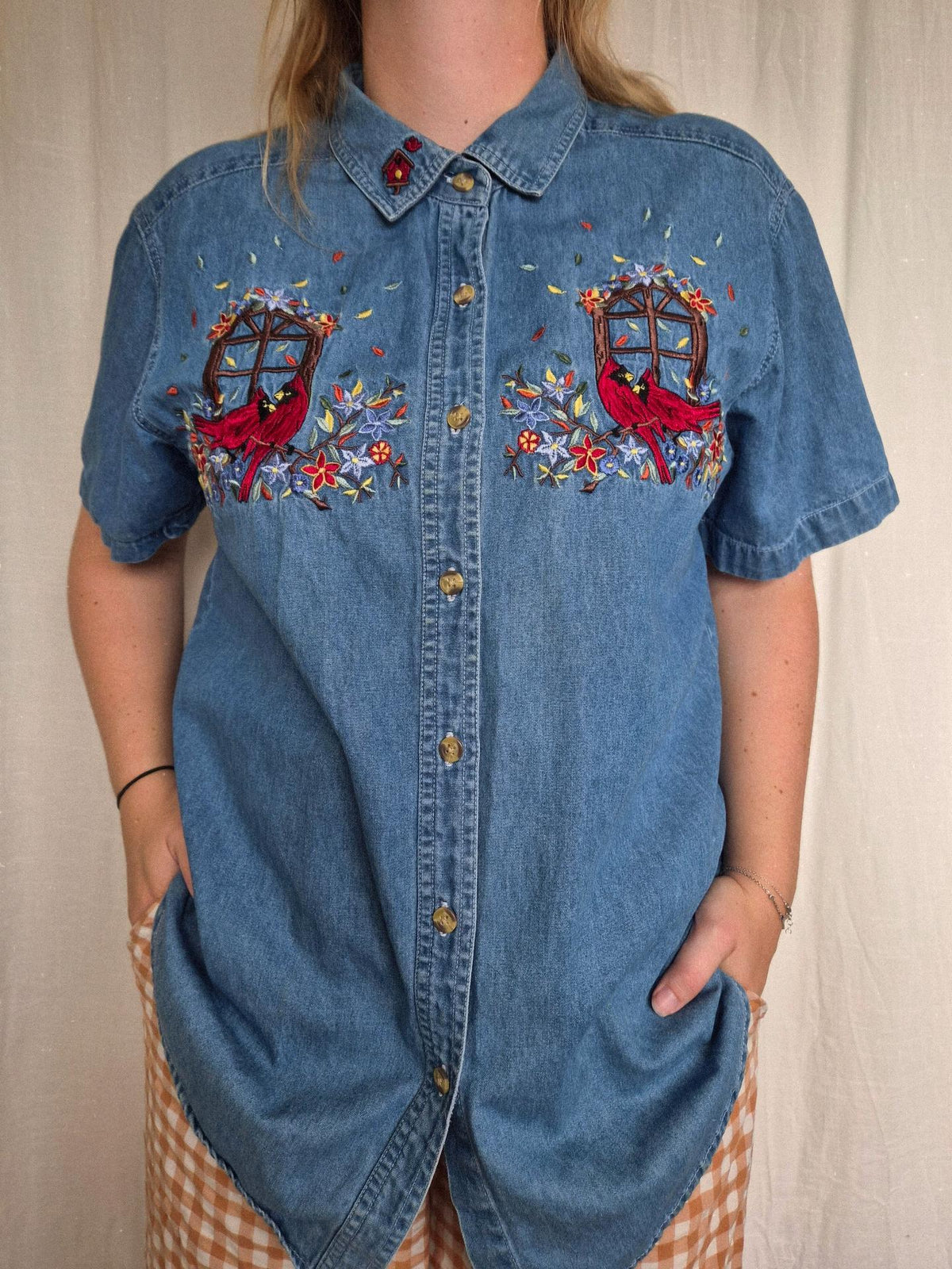 🪟 A View Through Autumn - vintage denim shirt with embroidered Autumn details - size L