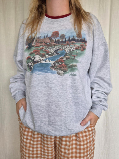 🍁 Autumn by the River - vintage crewneck sweater with autumn landscape - size XL
