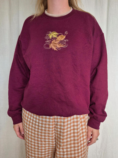 🕯️ Under the Turning Leaves - vintage crewneck sweater with embroidered leaves - size L/XL