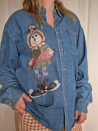 🍁 The Scarecrow's Season - vintage denim shirt with scarecrow image - size XL