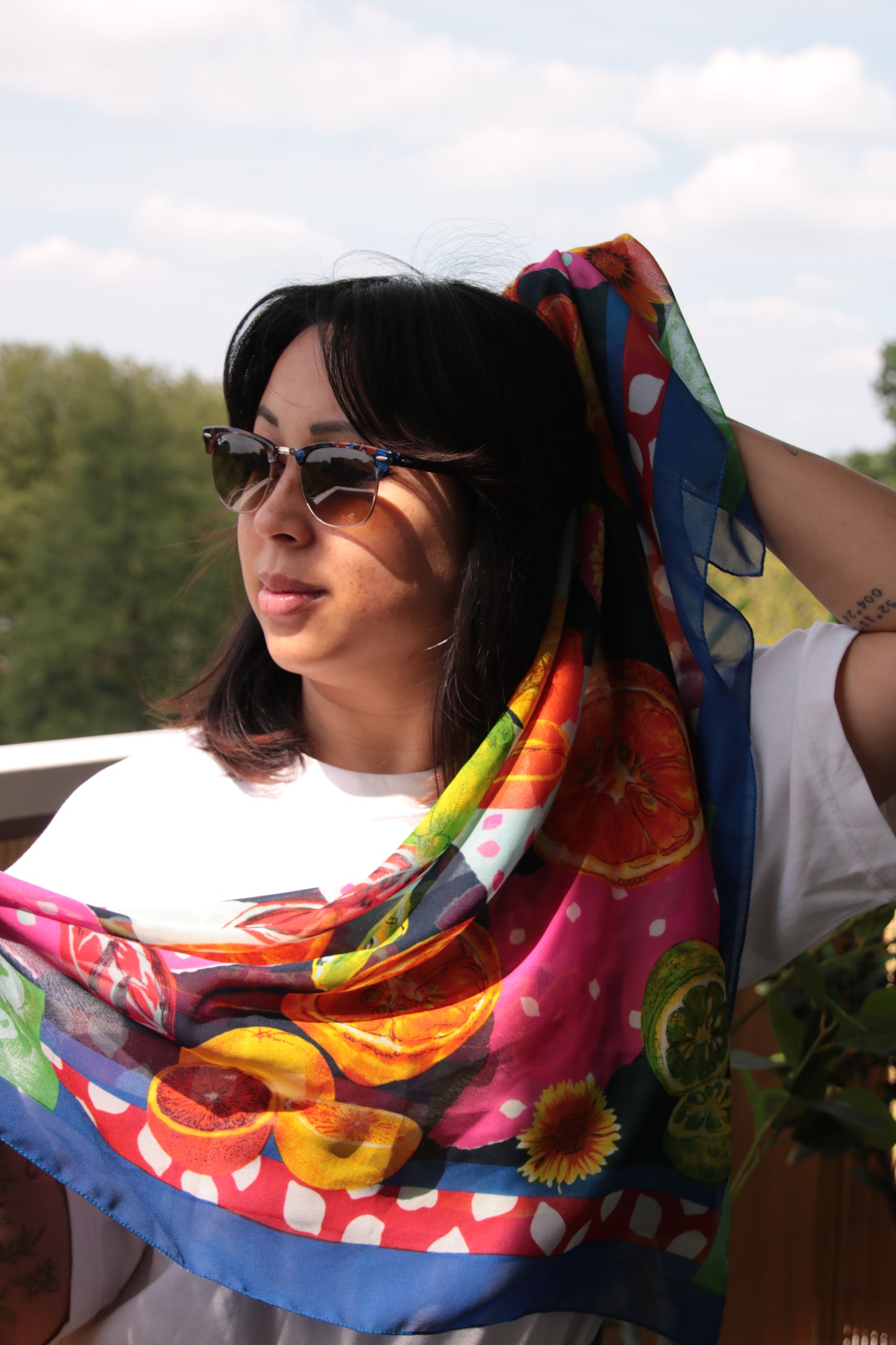 🍋 Sunshine Orchard - vintage sheer scarf with citrus and flower print