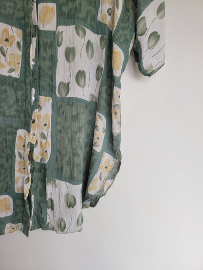 Green Tulips - elegante vintage blouse met lichtgroen bloemen patroon - maat M