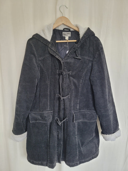 🌫️ Toggles in the Morning Fog - vintage long black corduroy coat with teddy lining - size L