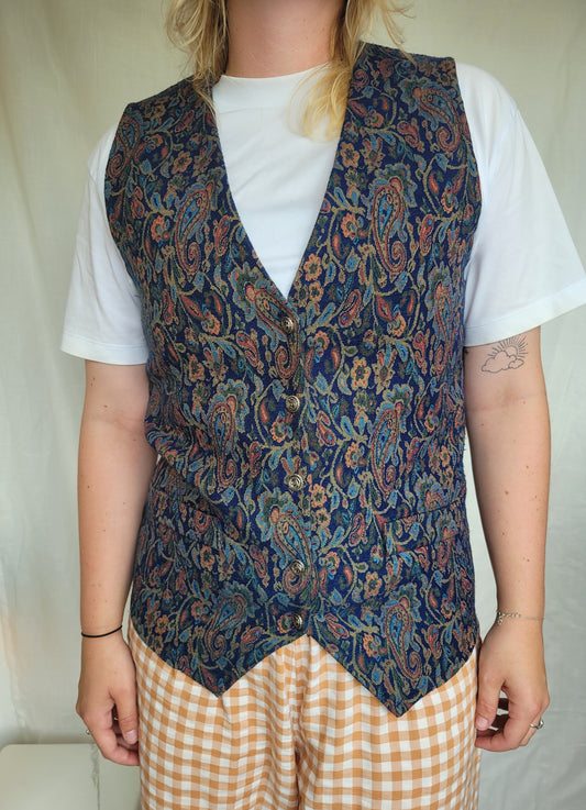 Midnight Mirage ✨ - donkerblauw vintage tapestry gilet met paisley patroon - maat M/L