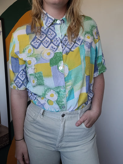 Feeling Groovy - vintage blouse met abstract bloemen patroon - maat M