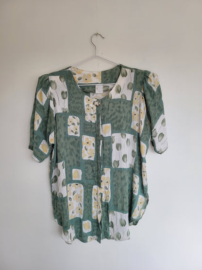 Green Tulips - elegante vintage blouse met lichtgroen bloemen patroon - maat M