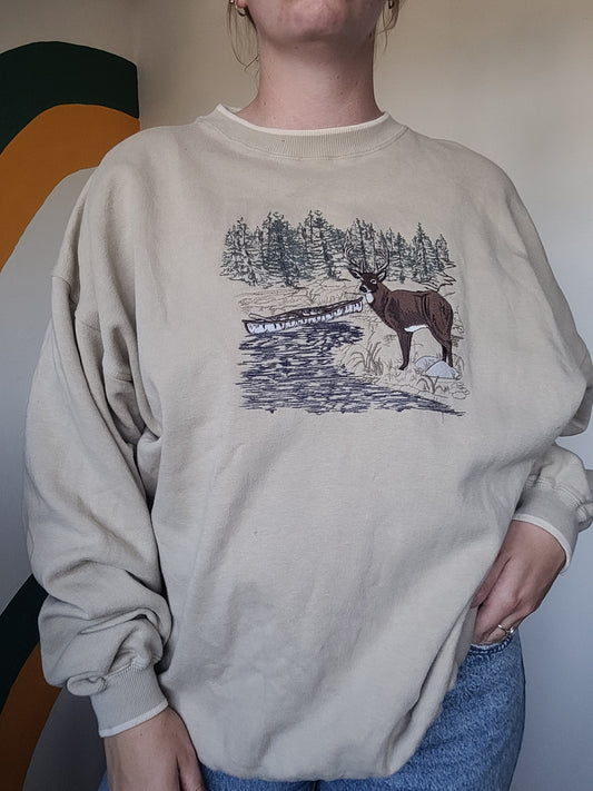 Still Forest Heart 🫎 - vintage crewneck sweater met geborduurd hert - maat XL