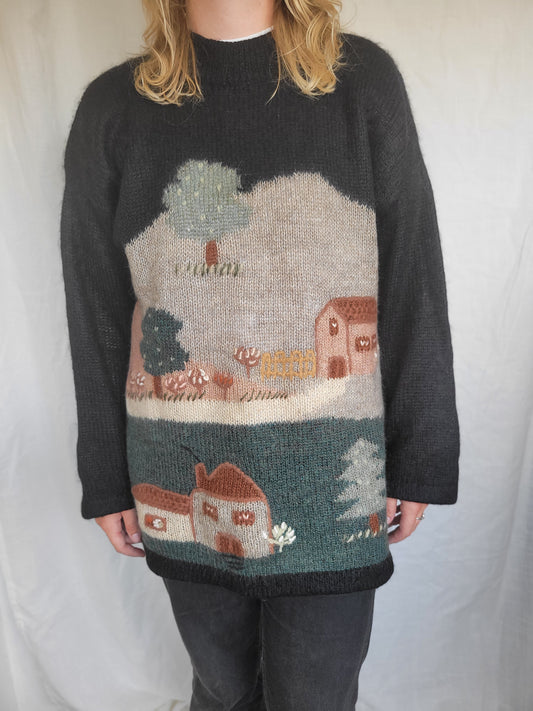 Whispers of the Village - vintage gebreide mohair trui met landschap - maat L/XL
