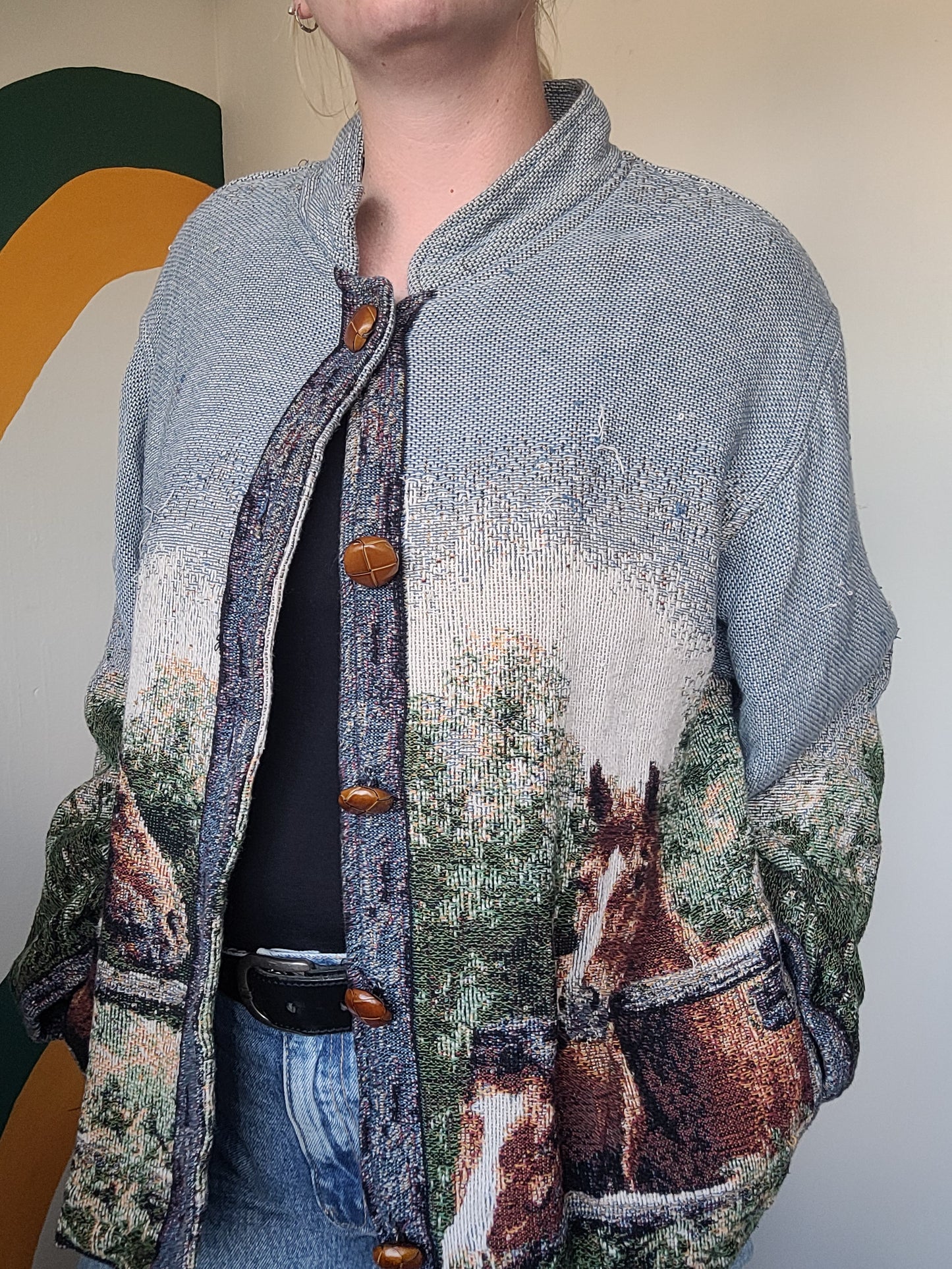 Steeds of the Valley 🐎 - vintage tapestry jas met prachtige paarden afbeelding