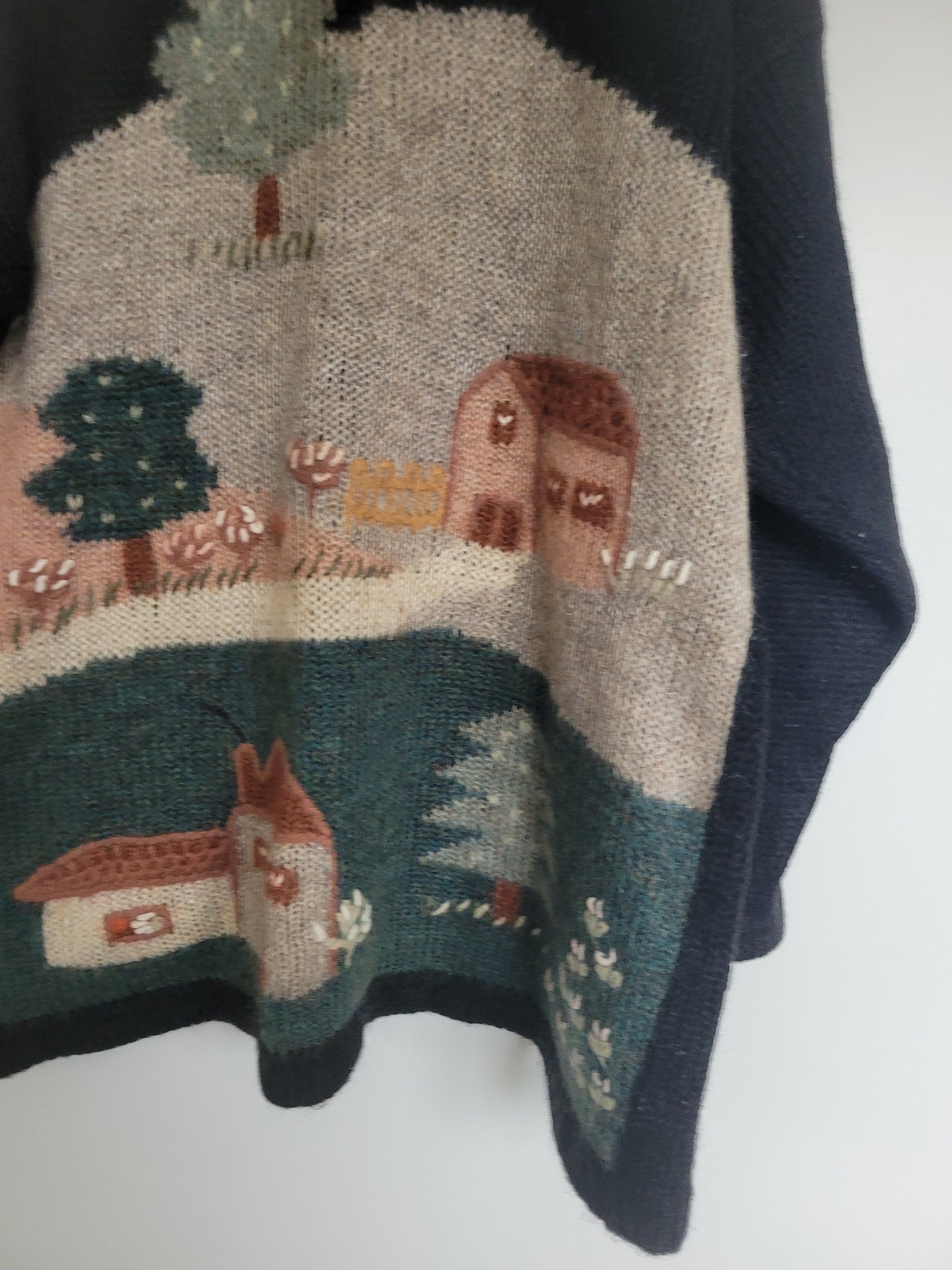 Whispers of the Village - vintage gebreide mohair trui met landschap - maat L/XL