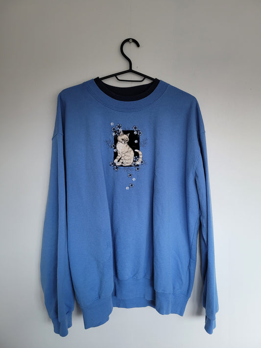 Blossom & Whiskers 🐈 - vintage crewneck sweater met geborduurde kat