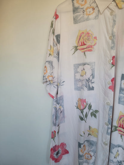 Just a Sketch - vintage blouse met geschetste bloemen afbeeldingen - maat XL