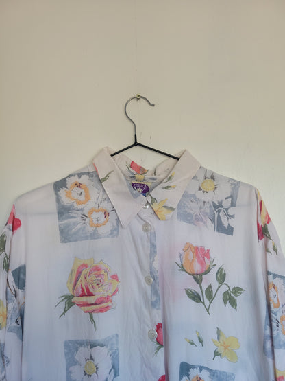 Just a Sketch - vintage blouse met geschetste bloemen afbeeldingen - maat XL