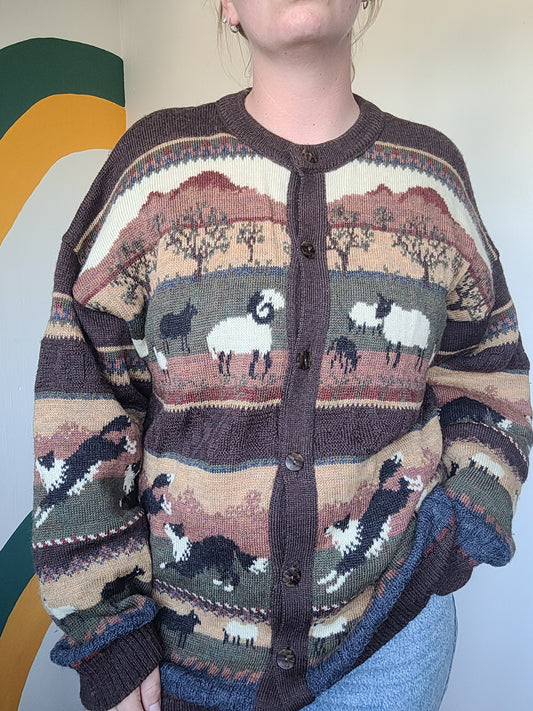 The Sheperd's Tale 🐑 - vintage wollen vest met afbeeldingen van schapen en honden - maat L/XL