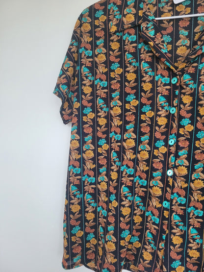 Flower My Dear - vintage blouse met oranje/bruin bloemen patroon - maat S/M