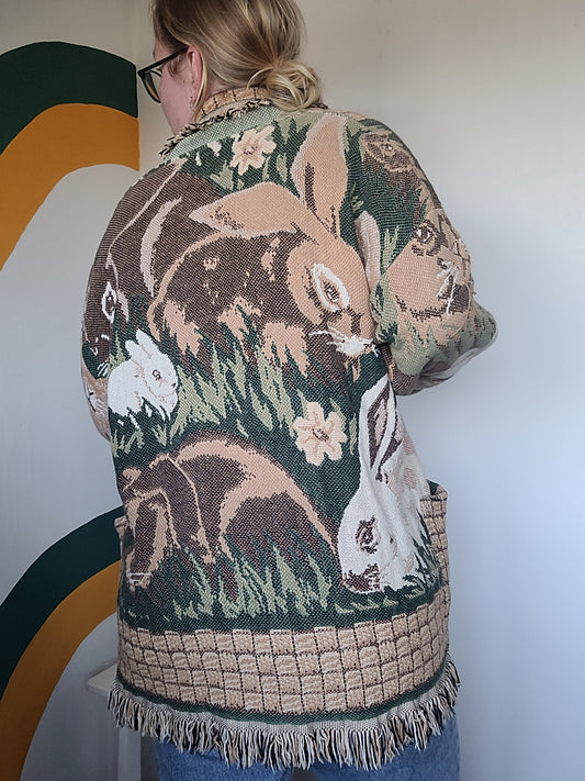 The Warren Coat 🐇 - vintage tapestry jas met afbeeldingen van konijnen - maat M/L