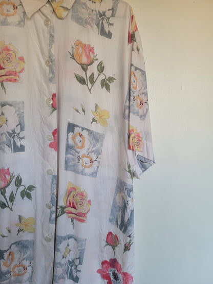 Just a Sketch - vintage blouse met geschetste bloemen afbeeldingen - maat XL