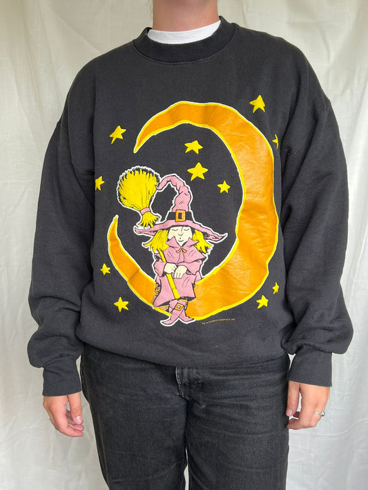 Moonlight Spellbound 🔮 - vintage crewneck sweater with witch in moon image - size XL