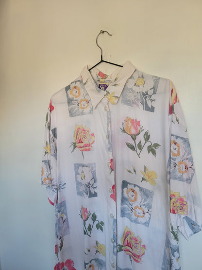 Just a Sketch - vintage blouse met geschetste bloemen afbeeldingen - maat XL
