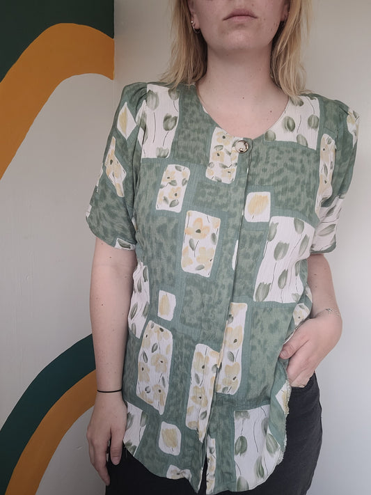 Green Tulips - elegante vintage blouse met lichtgroen bloemen patroon - maat M